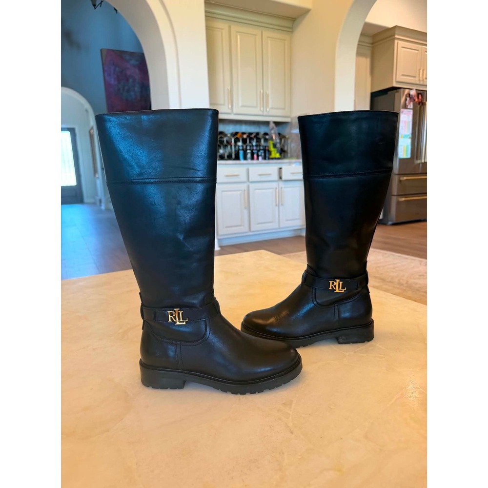 Lauren Ralph Lauren Everly Black Leather Riding Boots Gold Logo 5B 17602 F21